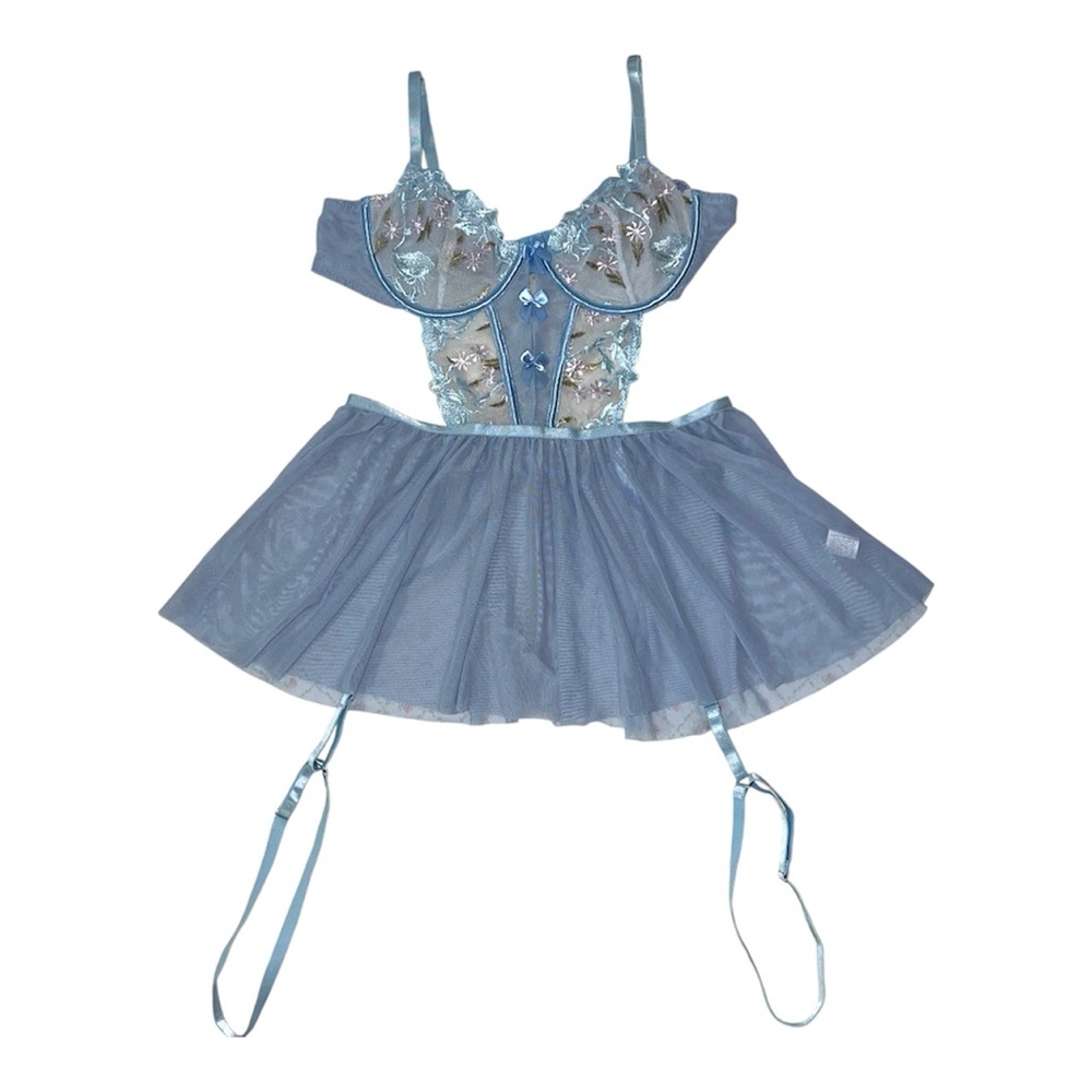 Light Blue Embroidered Lace Babydoll Chemise with Garter Straps
